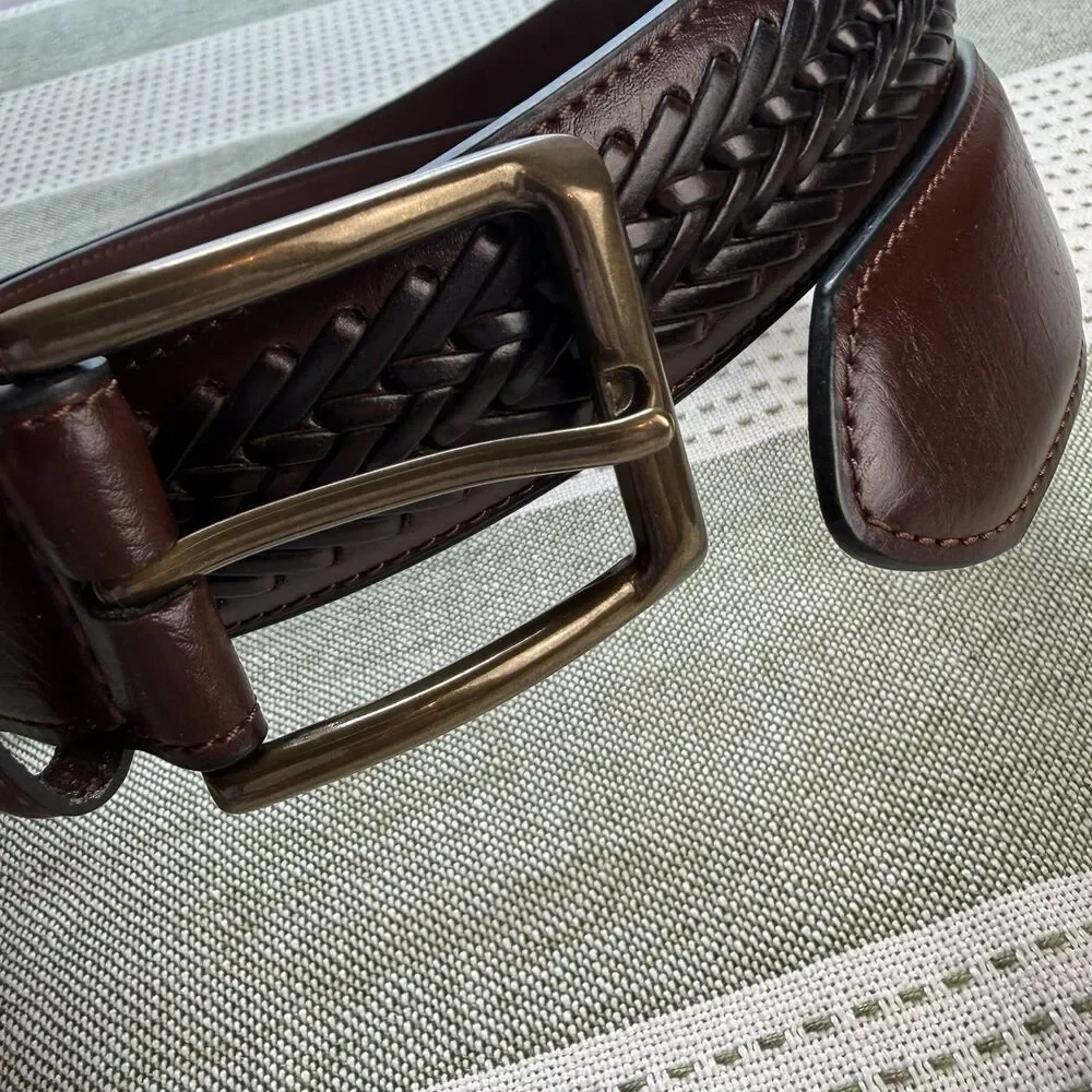 Men’s Brown Leather Belt Smooth Braided Brass Buckle Size 38